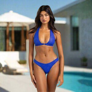 NWT Beach Bunny Swimwear Blue Glitter Georgia Halter Bikini Swimsuit Top Only